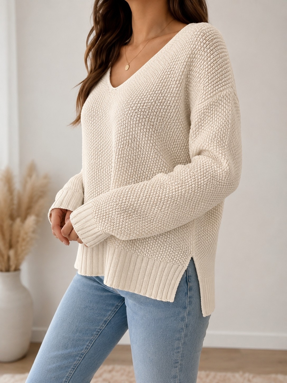 Lucky Brand Ivory Cotton Blend V-Neck Side Slit Knit Sweater Size L